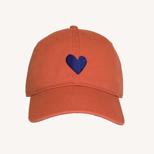 KR Embroidered orange cap hat with indigo blue heart 100% cotton - Cute baseball caps by Kerri Rosenthal