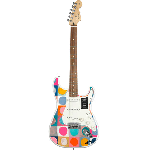 Colorful multi dots for daze fender stratocasters guitar artwork by Kerri Rosenthal