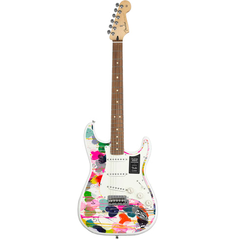 Colorful multi crazy in love Fender Stratocasters guitar artwork by Kerri Rosenthal