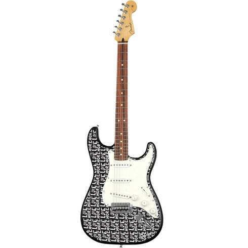 Colorful multi black love more fender stratocasters guitar artwork by Kerri Rosenthal