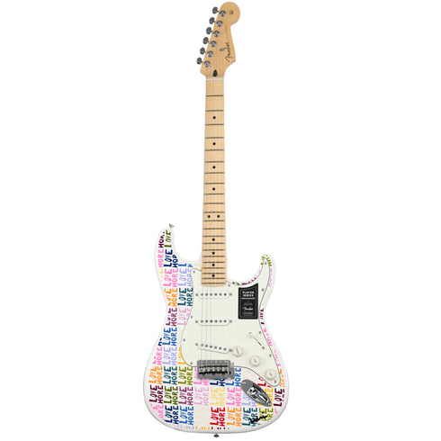 Colorful multi black love more fender stratocasters guitar artwork by Kerri Rosenthal