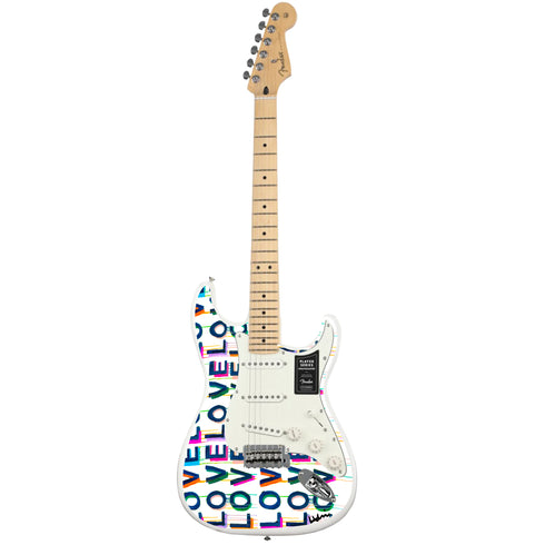 Colorful multi love on repeat fender stratocasters guitar artwork by Kerri Rosenthal