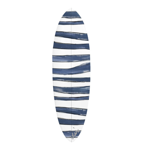 Striped surfboard with a white base color and blue stripes, designed for decorative use.