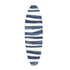 Striped surfboard with a white base color and blue stripes, designed for decorative use.