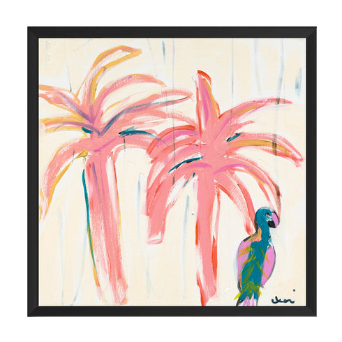 Parrot Party 1 Art Print in Black wood frame Original Coastal Artwork Pink Palm Trees by Kerri Rosenthal