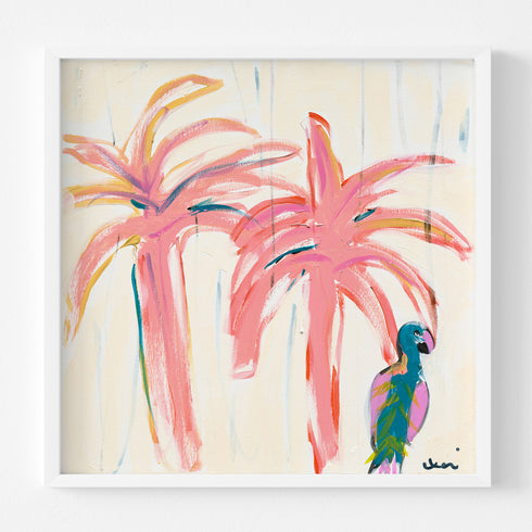 Parrot Party 1 Art Print Original Coastal White wood framed Artwork Pink Palm Trees by Kerri Rosenthal