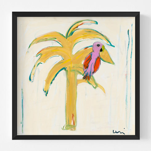Parrot Party 4 wall art print one of four. Yellow palm tree with colorful parrot an original modern abstract contemporary artwork piece - coastal decor by Kerri Rosenthal