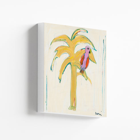 Parrot Party 4 wall art print one of four. Yellow palm tree with colorful parrot an original modern abstract contemporary artwork piece - coastal decor by Kerri Rosenthal