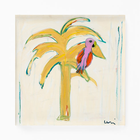 Parrot Party 4 wall art print one of four. Yellow palm tree with colorful parrot an original modern abstract contemporary artwork piece - coastal decor by Kerri Rosenthal