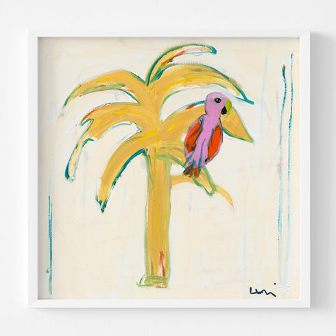 Parrot Party 4 wall art print one of four. Yellow palm tree with colorful parrot an original modern abstract contemporary artwork piece - coastal decor by Kerri Rosenthal