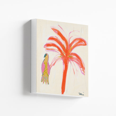 Parrot Party 4 wall art print one of four. Orange palm tree with colorful parrot an original modern abstract contemporary artwork - Kerri Rosenthal