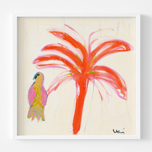 Parrot Party 4 wall art print one of four. Orange palm tree with colorful parrot an original modern abstract contemporary artwork - Kerri Rosenthal