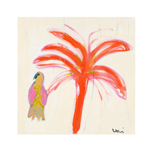 Parrot Party 4 wall art print one of four. Orange palm tree with colorful parrot an original modern abstract contemporary coastal - Kerri Rosenthalartwork