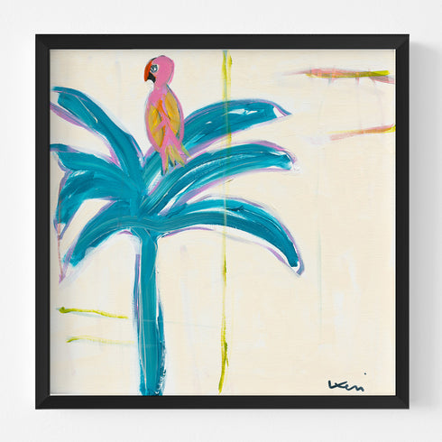 Parrot Party wall art print turquoise palm tree with colorful parrot original modern abstract contemporary coastal artwork by Kerri Rosenthal