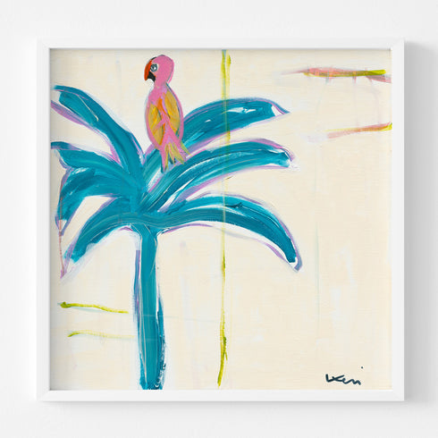 Parrot Party wall art print turquoise palm tree with colorful parrot original modern abstract contemporary coastal artwork by Kerri Rosenthal