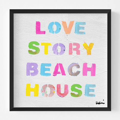 Love Story Beach House colorful word art black framed wall artwork print for coastal decor and modern living spaces by Kerri Rosenthal