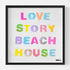 Love Story Beach House colorful word art black framed wall artwork print for coastal decor and modern living spaces by Kerri Rosenthal