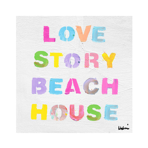 Love Story Beach House colorful word art print for coastal decor and modern living spaces by Kerri Rosenthal