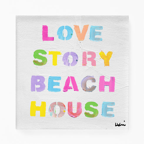 Love Story Beach House colorful word art print for coastal decor and modern living spaces by Kerri Rosenthal