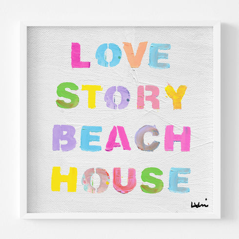 Love Story Beach House colorful word art white framed wall artwork print for coastal decor and modern living spaces by Kerri Rosenthal