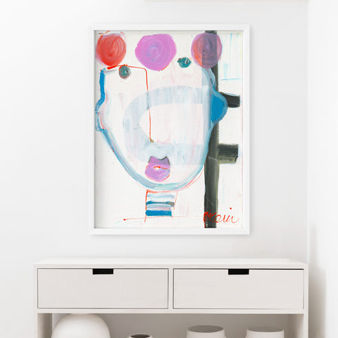 Tiki Toni White Frame Wall Art Print - Modern abstract face original framed artwork for home and office decor by Kerri Rosenthal