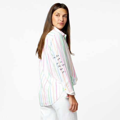 Comfy Mia multi rainbow stripe 100% cotton shirt - Cute women’s designer shirts by kerri rosenthal
