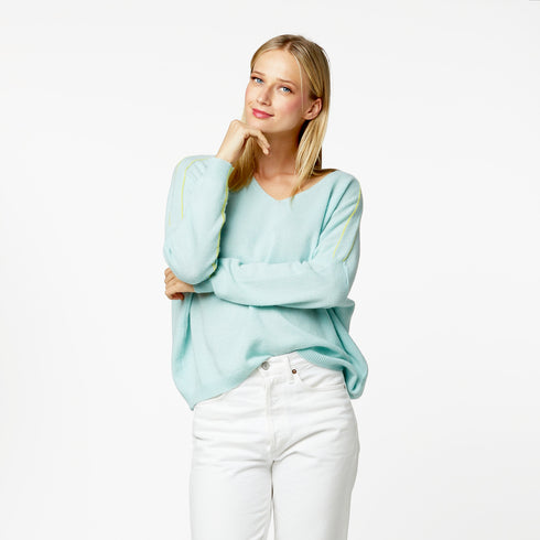 Shop Camille V Neck 100% Cashmere Designer Sweater aqua light blue - designer fashion sweaters