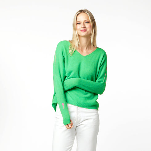 Camille V Neck 100% Cashmere Sweater bright parrot green - designer fashion sweater - Kerri Rosenthal sweaters