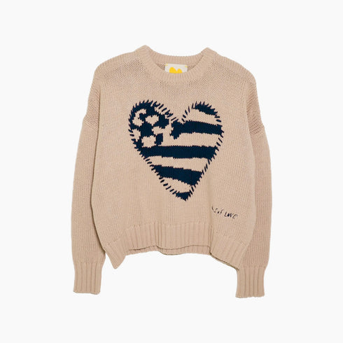 Taupe oversized US flag heart women’s sweater - Cute designer sweaters by Kerri Rosenthal