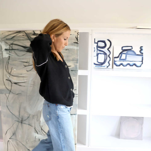 Black slouchy V neck cardigan with cute tiny pink heart 100% cotton oversized cardi cardigans by Kerri Rosenthal