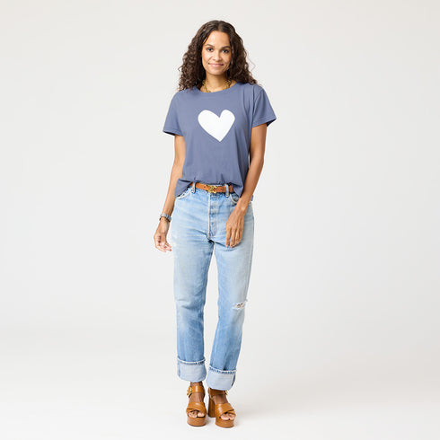 Blue Suke Imperfect heart 100% cotton tee with white imperfect heart graphic screen printed and a rib trim neck - Cute women's tees by Kerri Rosenthal