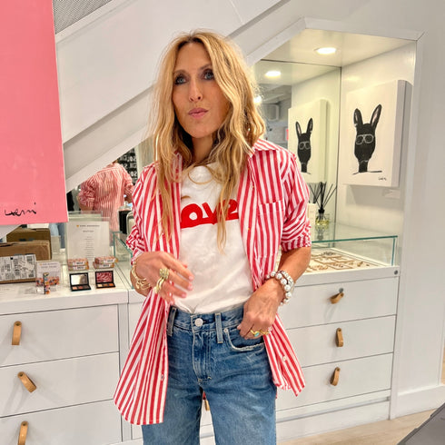 Mia stripe red white striped button shirt and white suke love lines tee with 'Love Lines' graphic 100% cotton - Cute women's tees and shirts by Kerri Rosenthal