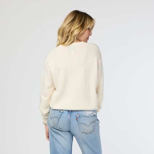 Frenchy cashmere v-neck patchwork pullover off white sweater - Cute designer cashmere women's sweaters by Kerri Rosenthal