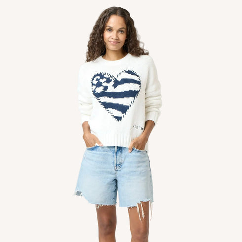 White boyfriend U.S. of love sweater made of 100% cotton with 'US of Love Heart' artwork - Cute women's sweaters by Kerri Rosenthal