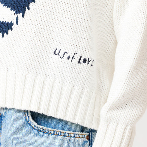 White boyfriend U.S. of love sweater made of 100% cotton with 'US of Love Heart' artwork - Cute women's sweaters by Kerri Rosenthal