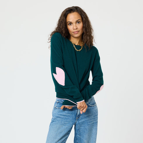 Emerald green cashmere sweater. With Light Pink Heart elbow patch - Cute designer sweaters by Kerri Rosenthal