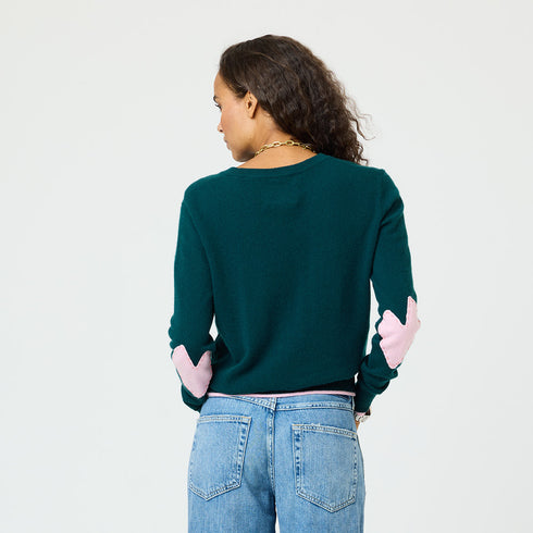 Emerald green cashmere sweater. With Light Pink Heart elbow patch - Cute designer sweaters by Kerri Rosenthal