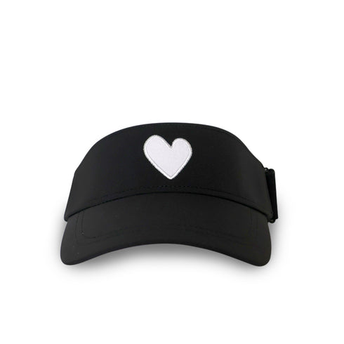 Black KR Imperfect white heart visor hat 100% performance poly - Cute baseball visor cap hats for women by Kerri Rosenthal
