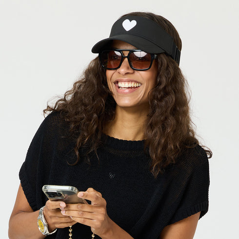 Black KR Imperfect white heart visor hat 100% performance poly - Cute baseball visor cap hats for women by Kerri Rosenthal