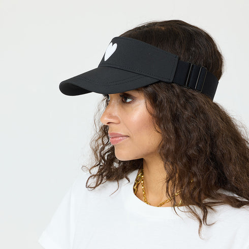 Black KR Imperfect white heart visor hat 100% performance poly - Cute baseball visor cap hats for women by Kerri Rosenthal