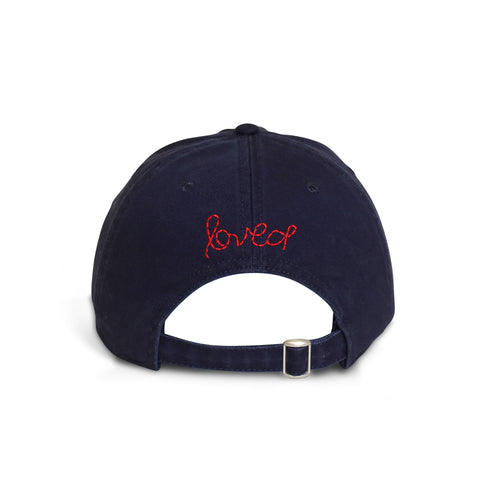 Unique navy blue cotton baseball cap hat with unique Imperfect heart patch and an adjustable belts