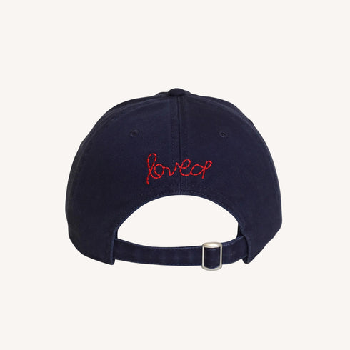 Unique navy blue cotton baseball cap hat with unique Imperfect heart patch and an adjustable belts