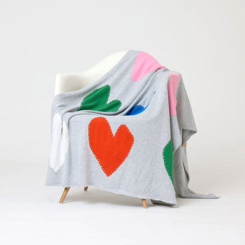 100% Cotton Knit Multi Color Heart Patchwork Throw Blanket - Cute and unique, cozy blanket to add color to your modern home decor by Kerri Rosenthal