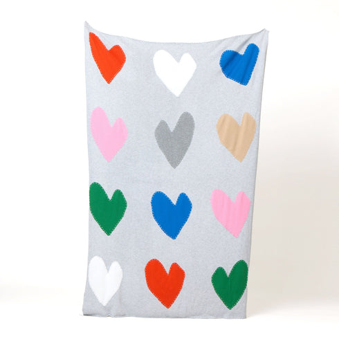 100% Cotton Knit Multi Color Heart Patchwork Throw Blanket - Cute and unique, cozy blanket to add color to your modern home decor by Kerri Rosenthal