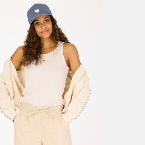 French blue-white KR Imperfect heart trucker hat made of 100% poly with snap back closure and embroidered drippy heart - Cute baseball cap hats for women by Kerri Rosenthal