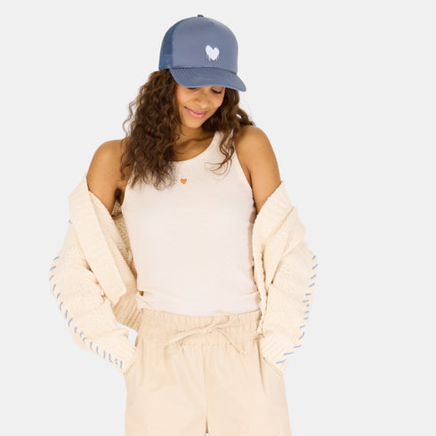 French blue-white KR Imperfect heart trucker hat made of 100% poly with snap back closure and embroidered drippy heart - Cute baseball cap hats for women by Kerri Rosenthal