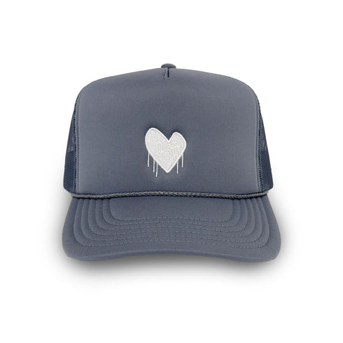 French blue-white KR Imperfect heart trucker hat made of 100% poly with snap back closure and embroidered drippy heart - Cute baseball cap hats for women by Kerri Rosenthal