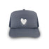 French blue-white KR Imperfect heart trucker hat made of 100% poly with snap back closure and embroidered drippy heart - Cute baseball cap hats for women by Kerri Rosenthal