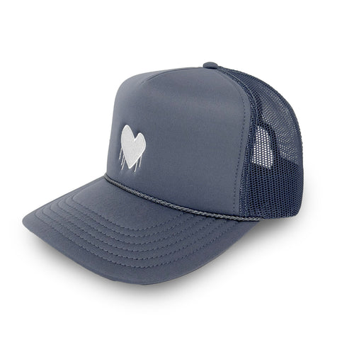 French blue-white KR Imperfect heart trucker hat made of 100% poly with snap back closure and embroidered drippy heart - Cute baseball cap hats for women by Kerri Rosenthal