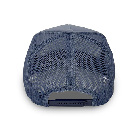 French blue-white KR Imperfect heart trucker hat made of 100% poly with snap back closure and embroidered drippy heart - Cute baseball cap hats for women by Kerri Rosenthal